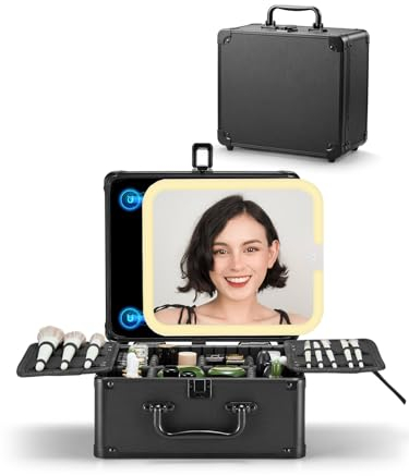 OMIRO Make Up Box mit Beleuchtetem Spiegel, Kosmetikkoffer mit Abnehmbarem Magnetspiegel (Schwarz)
