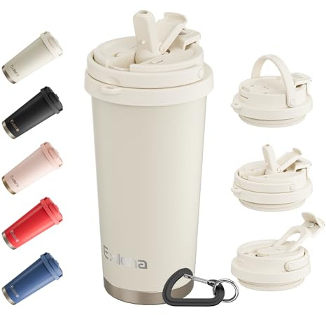 Exllena Travel Mug - Insulated Coffee Cup 500ml with 3-in-1 Lid - 100% Leakproof Coffee Mug with Handle and Clip Perfect for Travel, Office, and Outdoor Activities...(Beige)