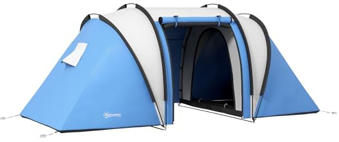 Outsunny Tente de Camping familiale 4-5 Personnes avec 2 Chambres, 3000 mm imperméable et ventilée, Installation Facile, Tente de randonnée avec 3 Portes et fenêtres et Sac de Transport, Bleu