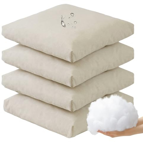 Viste tu hogar Pack 4 Cojines Silla Exterior 40x40cm, Tela Alta Densidad, 50% algodón 50% Poliéster, Impermeables, Resistentes UV Y Desgarro, Lazos De Sujeción,Beige,Fabricado En España