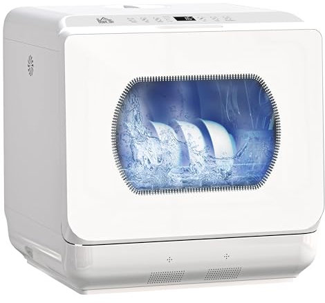 HOMCOM Mini lave-vaisselle 4 couverts, lave-vaisselle de table, 5 programmes, double alimentation en eau, lavage des fruits, réservoir d'eau 6L, commande tactile, affichage LED, départ différé, blanc