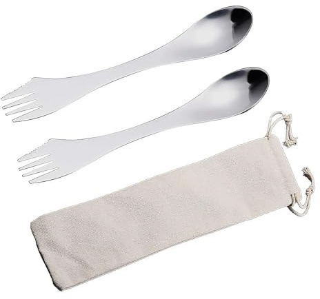 quyueug Stainless Steel Couvert Camping Utensil | Reusable Spork for Camping, Hiking & Picnics | couteau fourchette cuillere 3 en 1 with Detachable Storage Bag