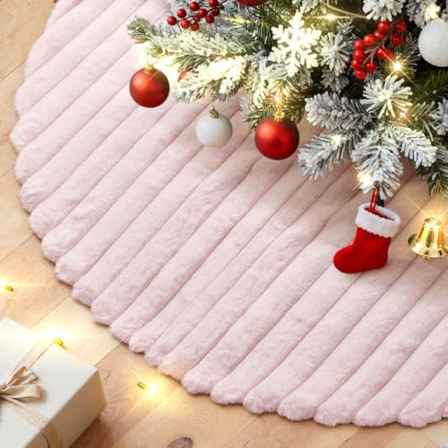 Lanpn Julgranskjol 60cm, Ränder Julgransfilt Fuskpäls Dekorativ Julgransmatta Plysch Julgran Basskydd Golvmatta Julgransstativ Matta för Liten Mini Penna Julgran Vinter Inomhus Juldekoration (Rosa)