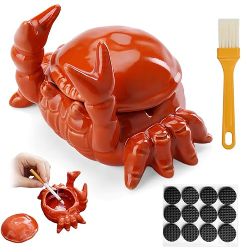 FuxFuis Posacenere in Ceramica con Coperchio, Posacenere Antiodore a Forma di Granchio, Set di Portacenere da Tavolo con Tappetino Antiscivolo e Spazzola Pulizia, Portacenere Antivento Interno Esterno