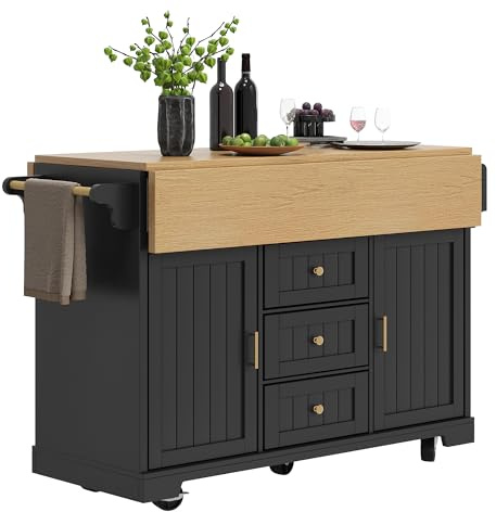 HAINEW Köksö, köksvagn på hjul med hopfällbar bänkskiva och kryddhylla, köksskåp, serveringsvagn, köksvagn med 2 dörrar och 3 lådor för matsal, 120 × 40/80 × 95 cm (svart)