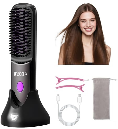 Anluomania Spazzola Lisciante per Capelli, Spazzola Lisciante Senza Fili, Piastra Lisciante Ioni, 160℃-200℃, Riscaldamento Rapido, Display LCD, Ricaricabile, Anti-Scottatura, per Casa, Viaggio