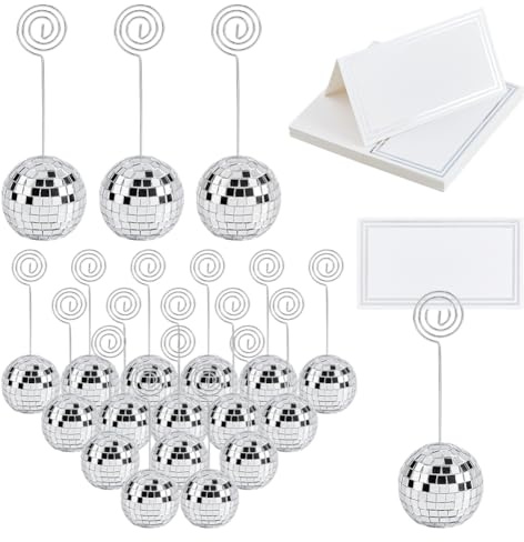 DICOSMETIC Set di 24 supporti per numeri da tavolo a forma di palla da discoteca, segnaposto argentati, piccoli supporti per foto, con filo a spirale e numeri, clip per Natale, feste di nozze