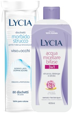 Lycia, Dischetti Struccanti Viso e Occhi, Tessuto Morbido in 100% Puro Cotone, Confezione 80 Dischetti + Acqua Micellare Struccante Bifasico 3 in 1, per trucco Waterproof 400 ml