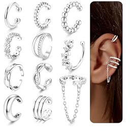 Ear Cuff No Piercing for Women - 11Pcs 14K Gold Plated Clip on Earrings for Non Pierced Ears Adjustable Ear Cuffs No Piercing Fake Earrings Non Tarnish Gold/Silver Fake Cartilage Helix Earring Stack