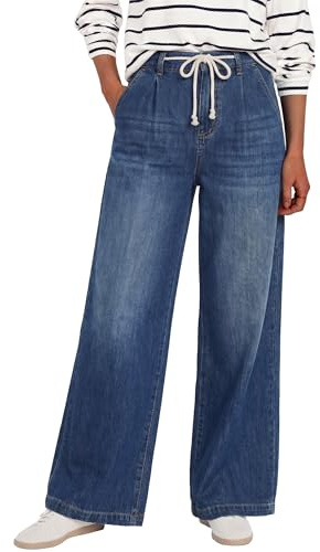 ANRABESS Womens Wide Leg Jeans High Waisted Trendy Drawstring Denim Pants Casual Relaxed Fit Trouser with Pockets Navy Blue Medium