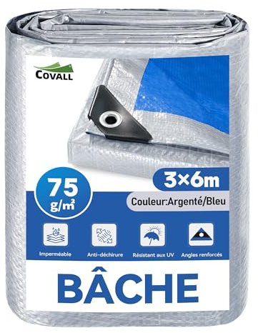COVALL Telo Impermeabile in PE 75g Argento Blu 3x6m, Antipioggia Antistrappo Anti-UV, Occhielli Metalli ogni 70cm, Angoli Rinforzati, Multiuso