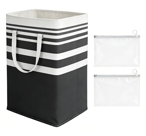 SLIAXINT 75L Black Stripe - Cesto portabiancheria pieghevole con 2 cerniere, borsa per la lavanderia con maniglia, grande cesto portabiancheria pieghevole per camera da letto, bagno, appartamento per