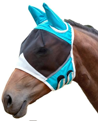 Control de moscas para caballos – máscara, malla transpirable con protección UV | con orejas, correa elástica amplia espacio para los ojos, media máscara, para establo firme prado al aire libre