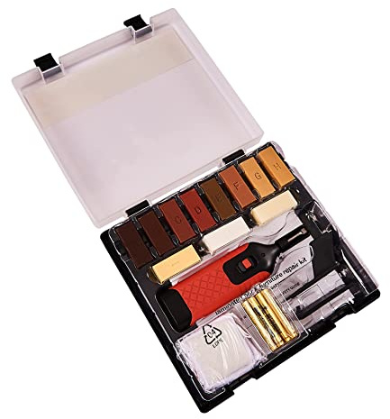Amtech G4210 reparationssats för laminatgolv och möbler med 11 färgade vaxblock, smältverktyg och batterier