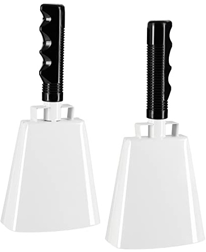 BLUE PANDA 2 Pack Cow Bells - Cowbells for Sporting Events - Percussion Noise Makers with Handle for Football Games, Stadiums (White Cowbell) 9.5-inch Cow Bell