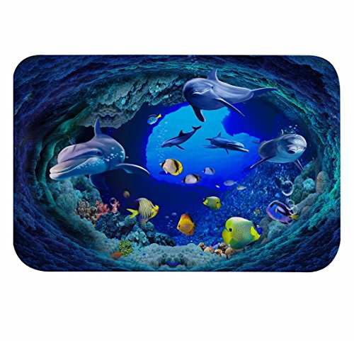 A.Monamour Badematten Badteppiche Badvorleger Blau Tiefen Ozean Unterwasser Schwimmen Delphin Gelb Fische Korallen Meereslebewesen Flanell Badezimmer Matte Bad Teppiche Fußmatte 40x120cm