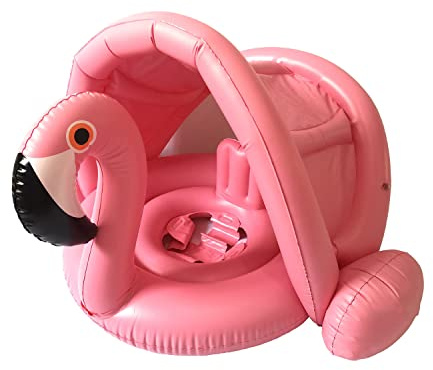 Baby Pool Swim Float with Canopy Inflatable Outdoor Swimming Ring Seat, Pink Flamingo Kids Infant Toddler from 12 Months to 48 Months