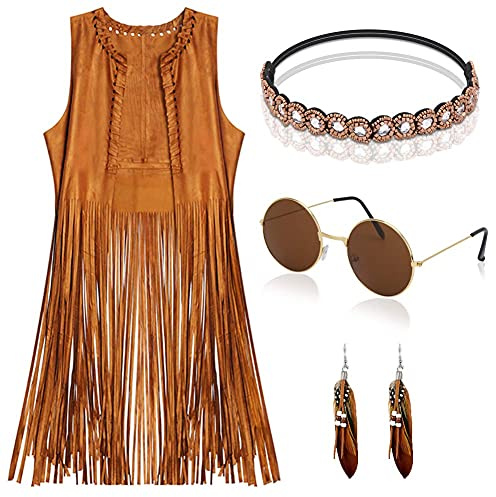 YADODO Disfraz hippie para mujer, conjunto de flecos, chaleco hippie, ropa de los años 60 y 70, ropa para mujer, disfraz de discoteca, disfraz de vaquera, marrón, chaleco bolero, carnaval, disfraz de