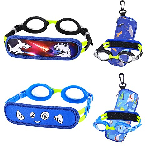 RUIGAO 2PK Kids Goggles, Toddler Swim Goggles Pain Free Neorpene Strap, Black/Blue Boys Swimming Goggles for Toddler Age 3-5