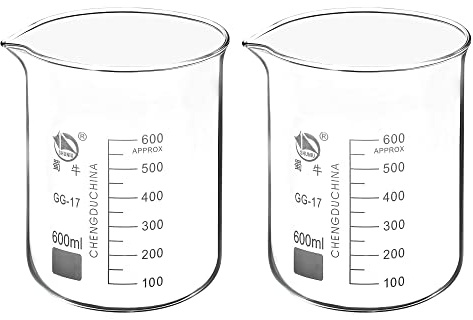 PATIKIL 600ml Low Form Glass Beaker, 2 Pack 3.3 Borosilicate Glass Graduated Printed Scale Measuring Cups with Spout for Kitchen Lab Liquids Transit Boiling