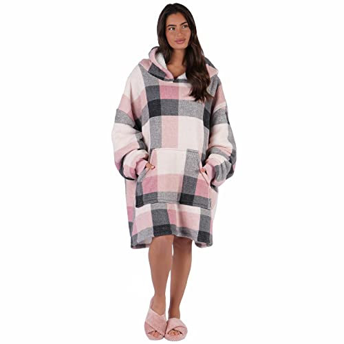 Dreamscene Winter Check Hoodie Blanket Oversized Sherpa Fleece Wearable Soft Warm Cosy Thermal Throw Blanket for Adults, One Size Fits Most - Blush Pink White