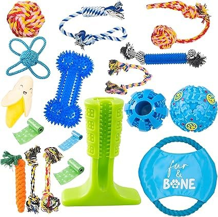 Fur & Bone Dog Chew Toys (18-Pack) - Puppy Toys for Boredom - Indestructible Rope & Squeaky Teething Toys for Small & Medium Dogs