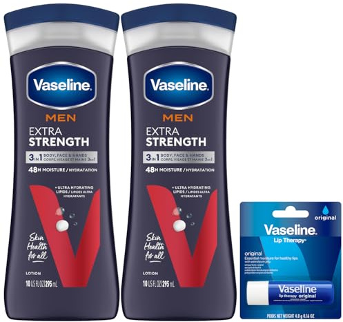 Vaseline Lotion for Men Extra Strength 3-in-1 for Face, Hands & Body + Original Lip Therapy for Dry Lips with Petroleum Jelly (3 Piece Set)