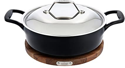 All-Clad Cast Iron Enameled Deep Skillet with Acacia Trivet 10 Inch Induction Oven Broiler Safe 650F Pots and Pans, Cookware Black
