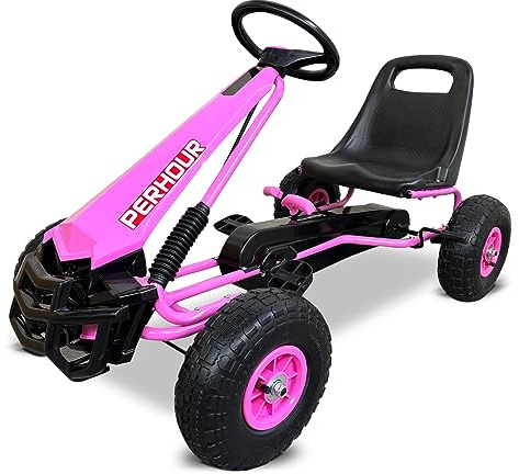 PEKECARS Kart a Pedales Perhour Rosa con Asiento Ajustable, Ruedas neumáticas y Palanca de Freno.
