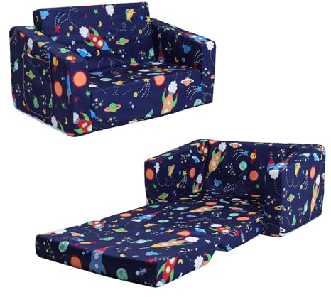 decalsweet Faltbarer KinderSofa-Rückenlehen-Sessel 2 in 1, Standfest Kindersessel mit Stofftasche, Weiche Leichte Flip Open Kinderstuhl für Schlafzimmer Wohnzimmer Spielzimmer, Weltraumrakete