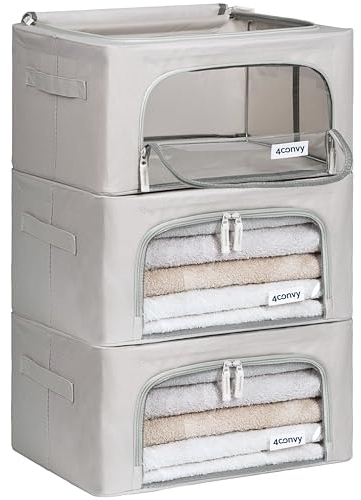 4CONVY Scatole per Armadio Rigide con Cerniera – [2024 MATERIALE AGGIORNATO] Contenitori per Armadio per Vestiti, Trapunte – Organizzatore Armadio con Struttura in Metallo Pieghevole - 3x24L