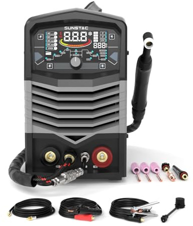 Sunstac Soldadora TIG de aluminio de 250 A CA/CC con pulso, 110 V/220 V de doble voltaje TIG con CC TIG/AC TIG/Pulse TIG/SPOT TIG/Stick (obtén tu adaptador gratis)