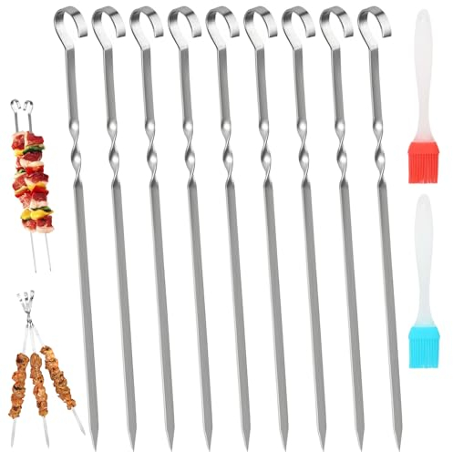 30 Stück Kebab Spieße, 30cm Schaschlikspieße Edelstahl, Grillspieße Edelstahl, Grill Spieße mit 2 Silikonbürste, Spiesse Grill, Grillspieße Lagerfeuer, Metallspieße für BBQ Fleisch Gemüse Stockbrot