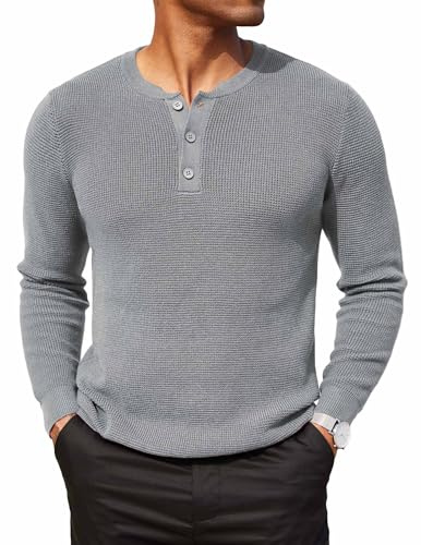COOFANDY Henley - Maglione invernale da uomo con bottoni, a maglia grossa, a nido d'ape, grigio chiaro, L