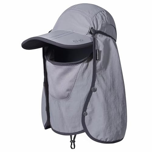 Gorra de Sol de Pesca Plegable con Solapa para el Cuello y Cubierta Facial Protección Solar Gorra de Béisbol Fresca Ajustable Cubierta Removible Sombrero para Pesca Jardinería Senderismo Gris Claro