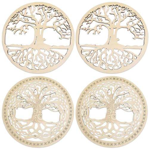 WMUVAZA Sottobicchieri in sughero con albero della vita, 4 sottobicchieri in legno per bevande e caffè, 15 x 15 cm, rotondi, adatti per tavolo da pranzo, bar, caffè, decorazione