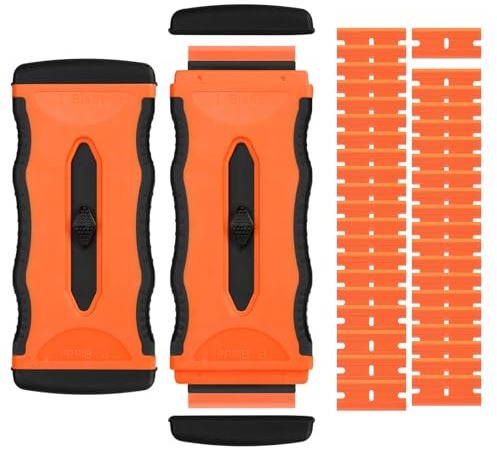 Flintronic 2 x keramikskrapa, glaskeramikskrapa med infällbart blad, professionell multifunktionsskrapa med 40 plastfönsterblad, speglar, rengöringsplattor (orange)