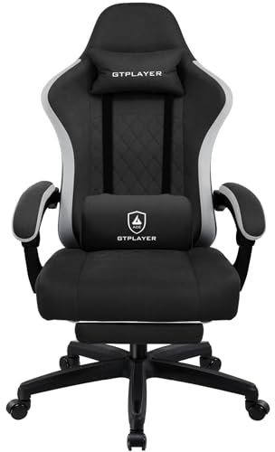 LUCKRACER Gaming Stuhl aus Stoff, Computer Bürostuhl mit Fußstütze, Racing Gamer Stuhl 150kg Belastbarkeit, 90-135° Rückenlehne einstellbar Ergonomischer PC Stuhl, 360° drehbar, Schwarz