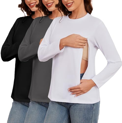 Love2Mi Pack de 3 T-shirts d'allaitement à manches longues pour femmes avec fermeture éclair, vêtements de maternité pour femmes enceintes, L