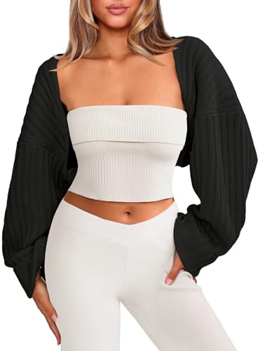 Navneet Women Cropped Cardigan Knit Shrugs Y2K Long Sleeve Bolero Shrug Chunky Bolero Cardigans Going Out Tops Fall Outfits Black S