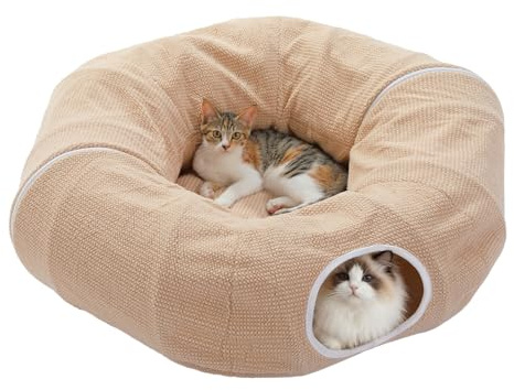PAWZ Road tunnel per gatti di grandi dimensioni, tunnel per conigli, giocattolo per gatti, 2 in 1, a forma di ciambella, a forma circolare, diametro 85 cm, colore: beige