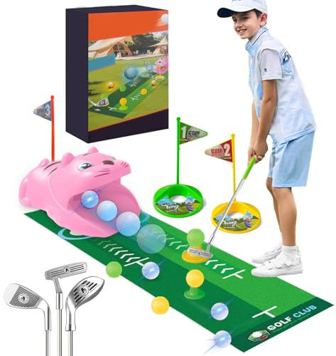 MeYuxg Minigolf Set Spielzeug für Kinder, 18PCS Indoor Outdoor minigolf Set, minigolf für zuhause mit 3 Bunten Golfschläger, 8 Bälle, Putting Matte Spielzeug, für Kindergolffans(18PCS, Rosa)