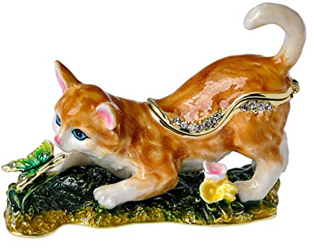 FJ FENGZHIJIE Cat Trinket Box Small Animal Figurine Gold Plated Crystal Enameled Jewelry Animal Home Decor Gift for Cat Lover
