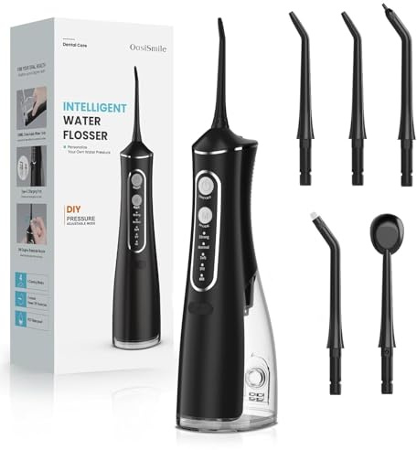 OasiSmile Munddusche Kabellos Elektrisch, Munddusche Testsieger 2025, 4 Modi und 5 360° Jet-Tipps, 300ML Oral Irrigator zur Täglichen Tiefenreinigung, IPX7 Wasserdicht für Reise & Zuhause