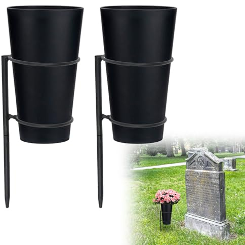 2 vasi da cimitero in metallo con picchetti, base in metallo e vaso di plastica, decorazione per tomba, prato, cortile, funerale all'aperto