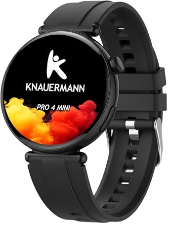 Knauermann Pro 4 Mini (2026) rund svart - EKG-hälsoklocka blodtryck, puls och syre i blodet, sömnanalys, telefoni, IP67, svart silikon