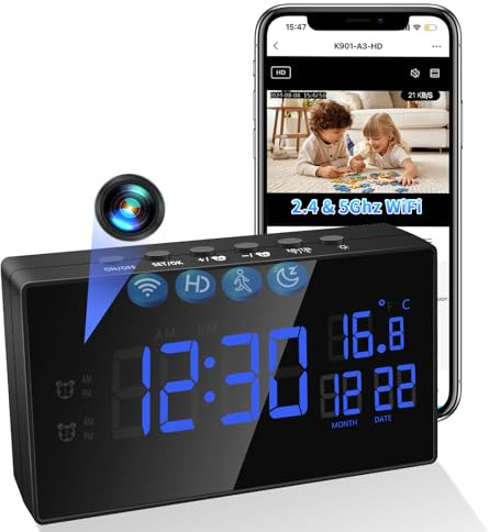 Nisanmoon Telecamera Spia WiFi 2.4/5G, HD 1080p Telecamera Nascosta, Sveglia Mini Telecamera Wifi, Telecamera Spia Nascosta con Visione Notturna, Rilevamento del Movimento, APP Vista a Distanza