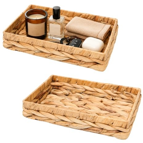 Keboyoe 2 Piezas Bandejas Decorativas Baño Jacinto de Agua Bandeja para Perfumes, Vaciabolsillos Recibidor Mimbre Cestas Bandejas para Toallas Complementos Joyas Papel Higienico Velas Tocador