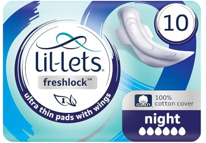 Lil-Lets Freshlock™ Ultra Thin Period Pads - 10 Count (1 Pack), Night Absorbency, with Wings, Unscented, 100% Cotton Cover, Nightime Sanitary Towels