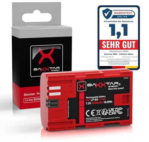 Baxxtar LP-E6 Akku 2250mAh 16,2Wh 7,2V Ersatzakku Kompatibel mit Canon EOS 5D Mark II III IV 5DS R R5 6D 7D 60D 60Da 70D 80D 90D XC10 XC15 5 6 7 60 70 80 90 D XC 10 15 WFT-E5 E7 LPE6 LP E6